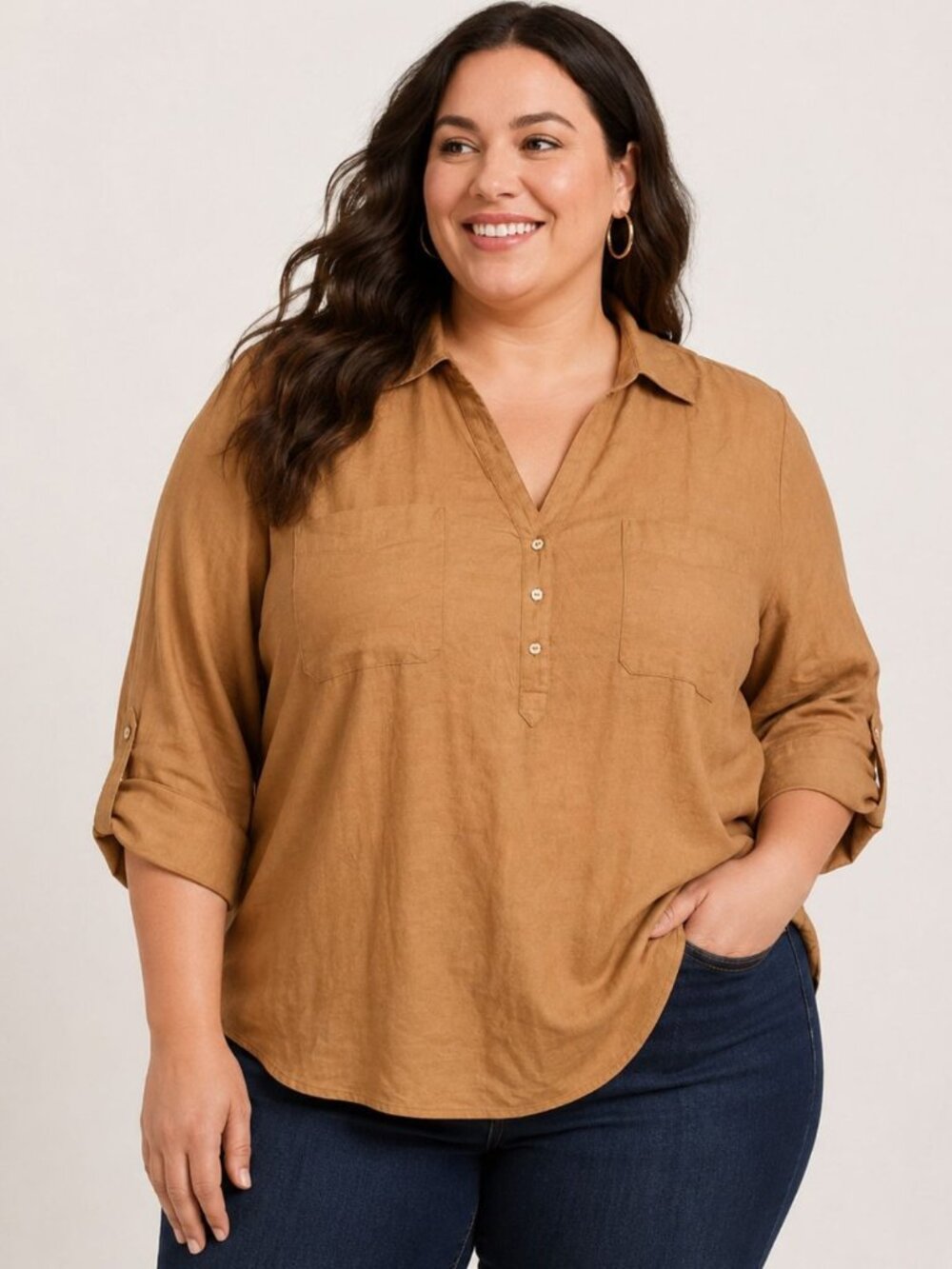 Torrid Womens 4X Tan Rayon Linen Popover Shirt Roll Tab Sleeve Pocket Plus 26 4X